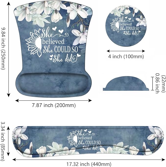 Keyboard Wrist Rest and Mouse Pad Wrist Support Set with Coasters, She Believed She Could So She Did Inspirational Quote Wrist Mouse Pad with Non-Slip PU Base for Home Office Working Studying