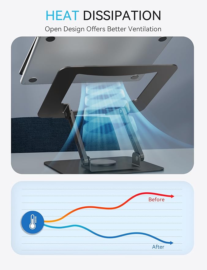 SOUNDANCE Laptop Stand with 360° Rotating Base, Ergonomic Computer Riser for Desk, Adjutable Height Muti-Angle, Foldable Laptop Mount, Stable Metal Holder Support 10-15.6" Notebook PC, Black