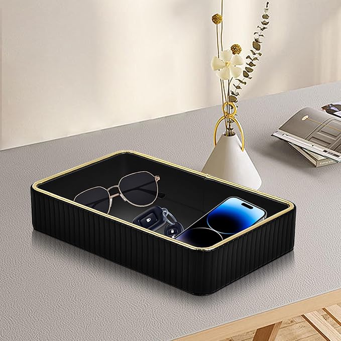 PU Leather Valet Tray,Desk Organizer Tray Nightstand Organizer Trinket Dish Storage Key Bowl Decorative Trays for Phone Wallet Jewelry Watch,Bathroom Bedroom Perfume Vanity Trays,Black