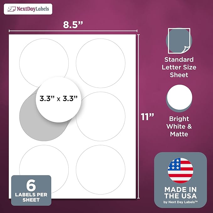 NextDayLabels - 3.33 Inch Round Stickers for Printer - Matte White Blank Laser/Inkjet Printable Circles (500 Sheets, 6 Per Sheet, 3000 Labels)