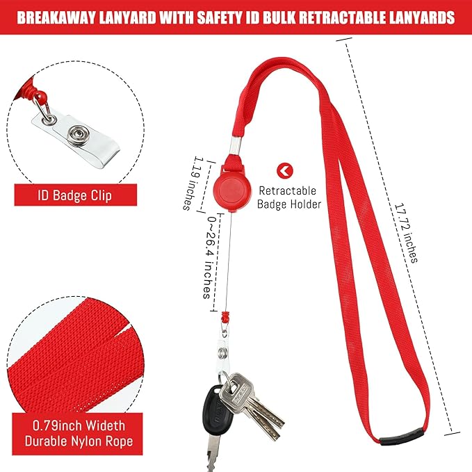 Windyun 72 Pcs Breakaway Lanyard with Safety ID Bulk Retractable Lanyards Flat Neck Straps (Red)