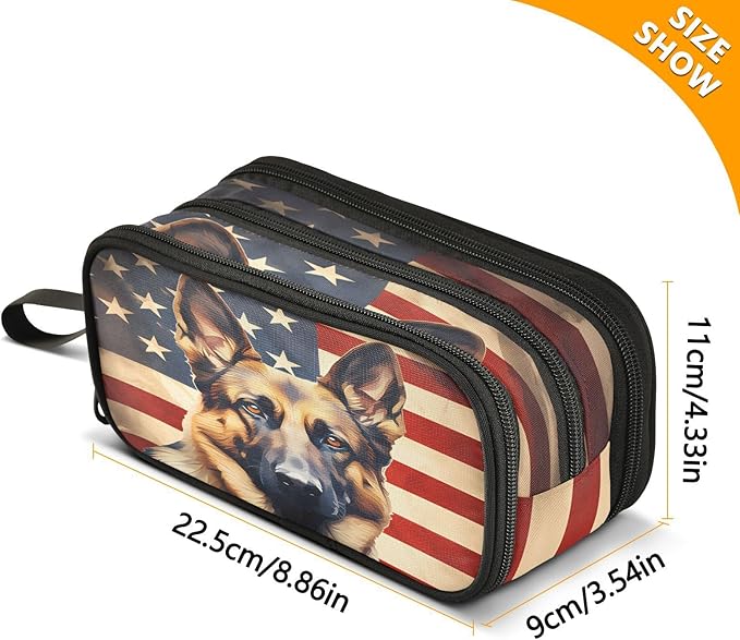 Dog German Shepherd American Flag Pencil Case Box Boys Girls Large Pencil Pouch Zipper Compartments Big Capacity Stationery Pen Bag Organizer for Kids Teens Adults School