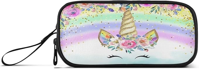 Unicorn Rainbow Flower Pencil Case Box Boys Girls Large Pencil Pouch with Zipper Compartments Big Capacity Stationery Pen Bag Organizer for Kids Teens Adults School