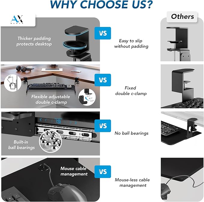 AX WABER Keyboard Tray Under Desk Pull Out with 3 Height Adjustable Extra Sturdy C Clamp Mount System, 32.8 (38 inch Including Clamps) x 12 Inch Slide-Out Platform Computer Drawer for Typing