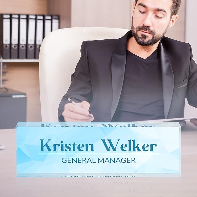 Personalized Desk Name Plate, Custom Acrylic Glass Name Plates for Desks, Office Desk Decor Nameplate, Desk Accessories, Teacher Boss Coworkers Employee Appreciation Gift (Modern Blue)