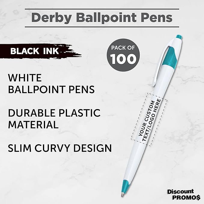 DISCOUNT PROMOS Custom Slim Curvy Ballpoint Pens Set of 100, Personalized Bulk Pack - Black Ink, Retractable, Great for Office, School, Tradeshows - Teal