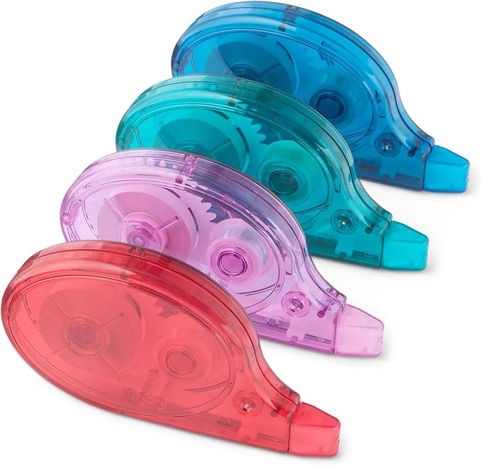Amazon Basics White Out Correction Tape with Dispenser, 39.3ft, 4-Count Pack, Easy to use, Fast, Clean and Tear-Resistant Tape Office or School Supplies, Green, Orange, Purple, Red, Blue