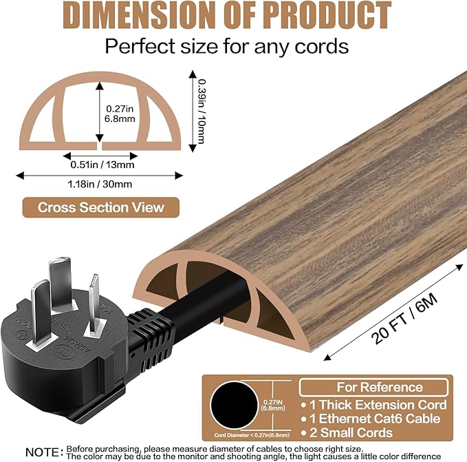 Floor Cord Cover Self Adhesive Cord Hider,20FT Cable Management, Extension Strip Protector for Wires, Prevent Cable Trips for Offices, Gyms, Exhibitions Cavity:0.39"(W) x 0.27"(H) Woodsmokedbrown