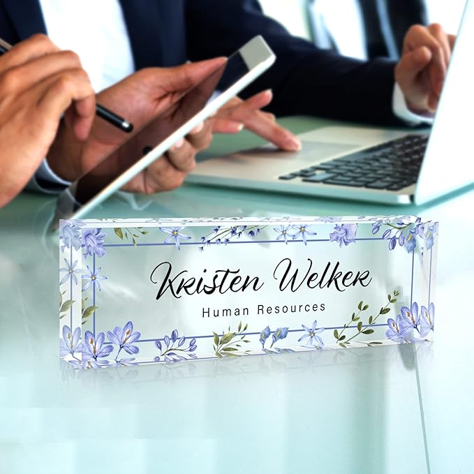 Desk Name Plate Personalized, Custom Name Plate for Desk, Office Desk Decor for Women Men, Acrylic Desk Accessories, Office Gifts for Coworkers Boss Teacher, Employee Appreciation Gifts (Blue Folwers)