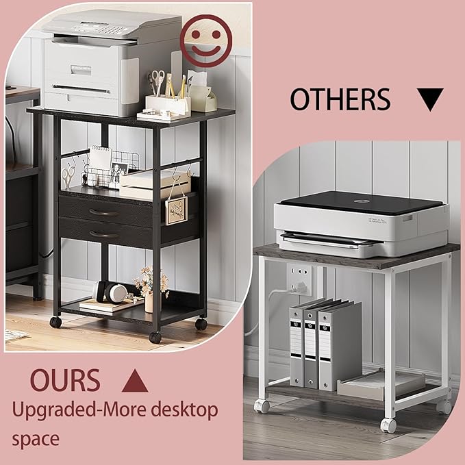 Large Printer Stand with Storage Fabric Drawer Under Desk Printer Table with Wheels for Home Office, Printer Cart fit Fax Machine Scanner (Black, 3 Tiers)