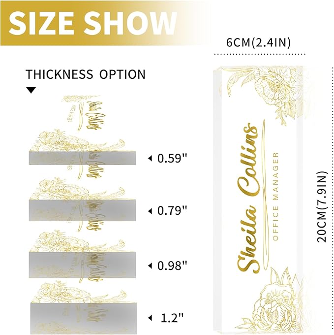 Custom Acrylic Name Plate for Desk, Employee Appreciation Gifts, Office Decor, Personalized with Gold Flowers