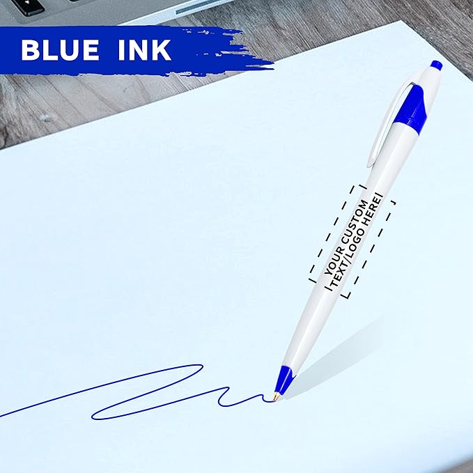 DISCOUNT PROMOS Custom Slim Curvy Ballpoint Pens Set of 10, Personalized Bulk Pack - Black Ink, Retractable, Great for Office, School, Tradeshows - Blue