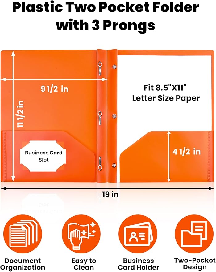 SUNEE 2 Pocket Folders with Prongs (12 Pack, Assorted Color) Plastic Folders with Pockets and Prongs Fit Letter Size, Poly Folders with Pockets for School Office Home Business
