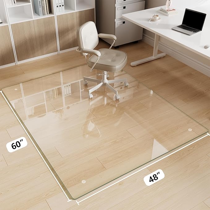 FlyEcho Glass Chair Mat 48" x 60" Heavy Duty Tempered Glass Office Chair Mat, Glass Floor Mat with Polished Edge and Round Corner for Smooth Glide, Carpet Hardwood Floor Protector