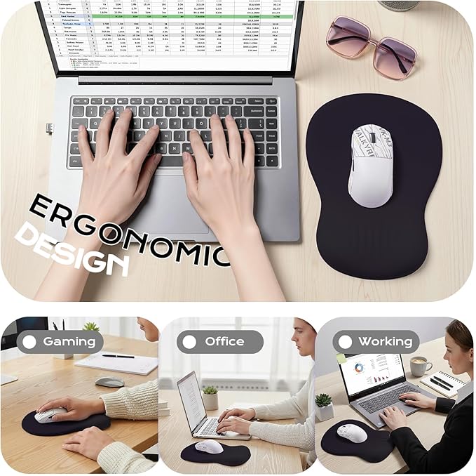 Mouse Pad with Wrist Rest - Black Mousepad with Wrist Support, Ergonomic Mouse Pad with Wrist Rest for Mouse Gaming Laptop Work
