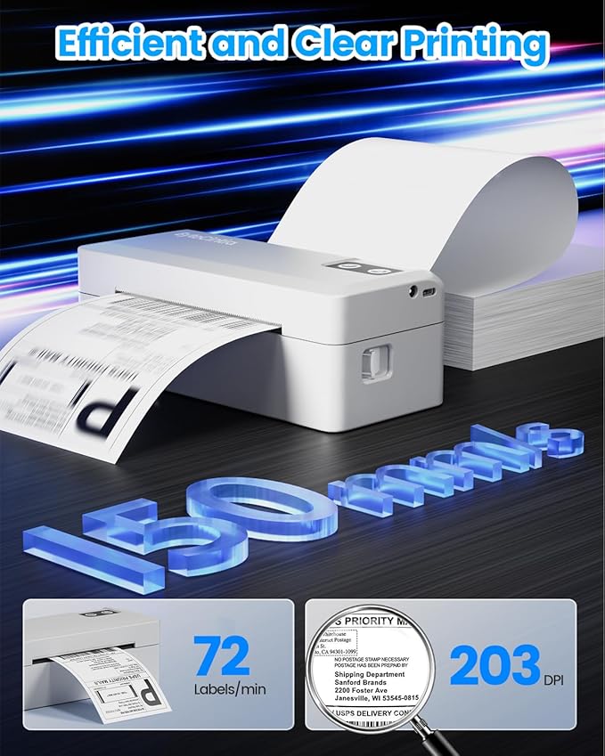 Bluetooth Thermal Shipping Label Printer, 4x6 Shipping Label Printer for Small Business, Support Android, iOS, Windows & Mac, Works with Amazon, Ebay, Shopify, Etsy