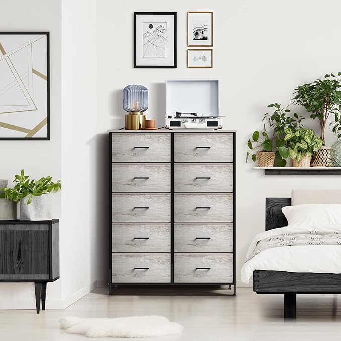 Sorbus Dresser with 10 Faux Wood Drawers - Chest Organizer Unit with Steel Frame Wood Top & Handle Easy Pull Fabric Bins for Clothes - Storage Furniture for Bedroom, Hallway, Living Room & Closet