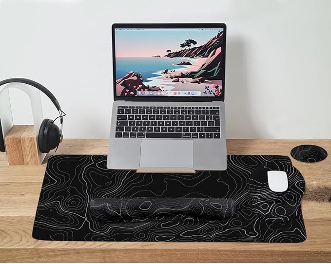 4-in-1 Gaming Mouse Pad Wrist Support Set，Desk Pad + Mouse Pad with Wrist Rest + Keyboard Wrist Rest + Coaster, Ergonomic Design for Home Office Study Game - Topographic Contour