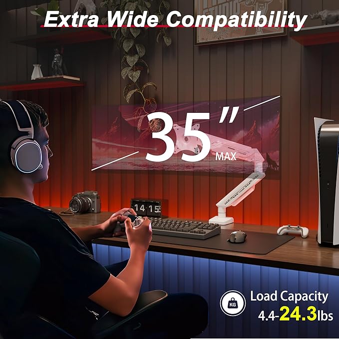 Monitor Arm for 17-35" Screens up to 24.2 lbs, Ergonomic Gas Spring Monitor Stand with Height Adjust, Tilt, Swivel & Cable Management, VESA Desk Mount with 2 Types of Installation, White
