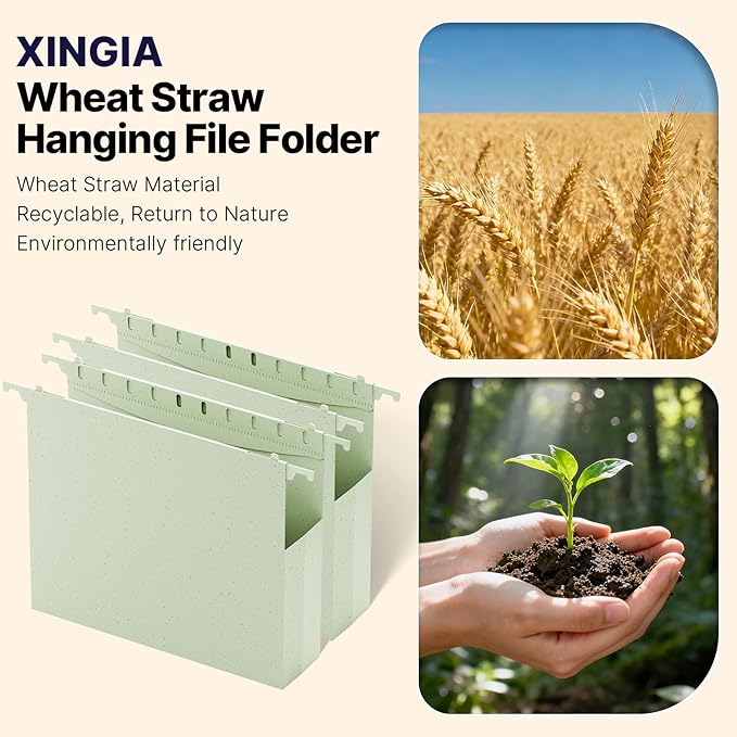 Wheat Straw Plastic Hanging File Folders Letter Size,Heavy Duty 2 Inch Expansion,12 Pack Extra Capacity Hang Folders for Filing Cabinet,File Organizer with Insertable Tabs(Morandi Green)