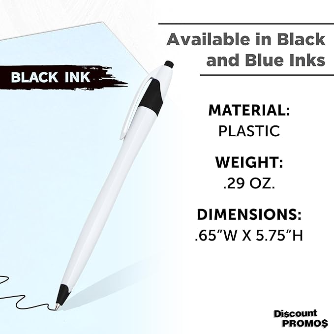 DISCOUNT PROMOS Slim Curvy Ballpoint Pens Set of 10, Bulk Pack - Black Ink, Retractable, Great for Office, School, Tradeshows - Black
