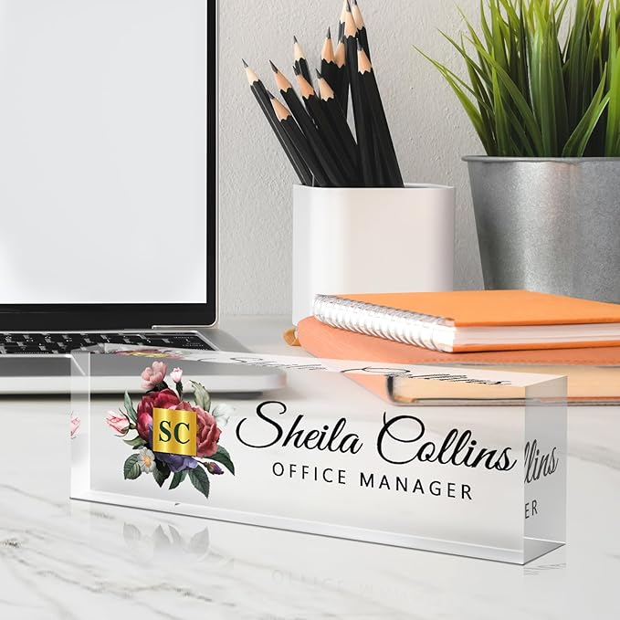 Custom Acrylic Name Plate for Desk, Employee Appreciation Gifts, Office Decor, Personalized, Funny Gifts for Coworkers, Boss, Teacher (Flower A)