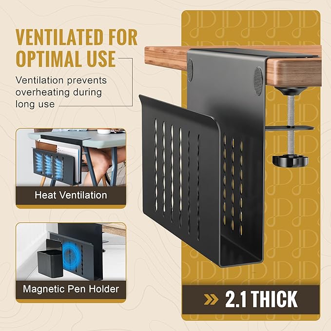 Desk Side Storage, Steel Side Desk Organizer, Clamp on Laptop Mount with Magnetic Pen Holder, No Drill Under Desk Laptop Holder, Table Hanging Storage for Home & Office Organization – Black