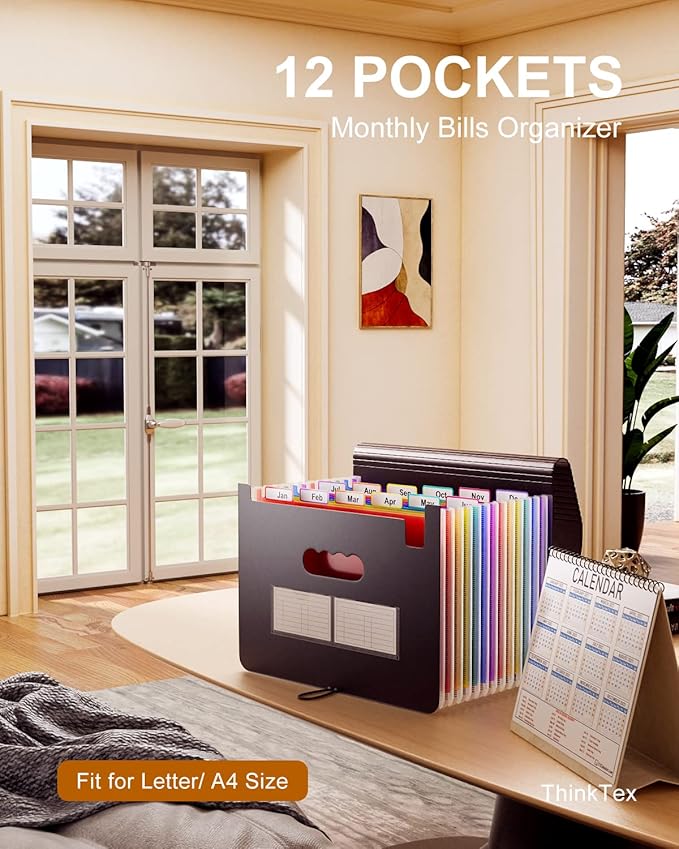 ThinkTex Expanding File Folder 12 Pockets Accordion File Organizer/Portable Expandable Plastic Filing Box, Accordion Bill/Paper/Document/Receipt Organizer Folders with Colored Tabs(A4/Letter Size)