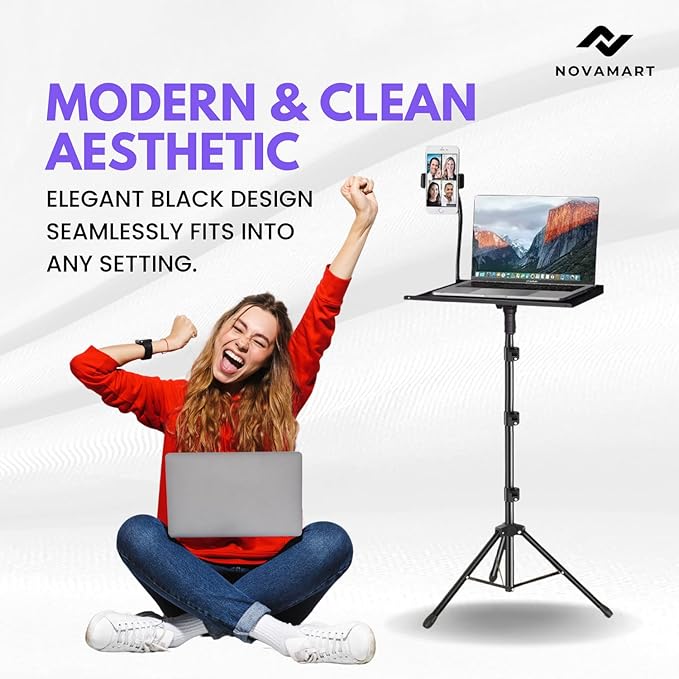 Laptop Tripod Stand – Adjustable Laptop Holder with Phone Mount | Heavy- Duty Alloy Tripod Stand with Tray | Height Adjustable 0.65–1.6m | Portable, Foldable, 15kg Load Capacity | Black