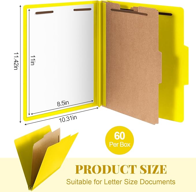 Skyygemm 60 Pcs Classification Folders Letter Size, 1 Divider Pressboard File Folder with Fasteners, Expanding Tax File Organizer Bulk for Teachers, Office, Church, Christmas Donations (Yellow)