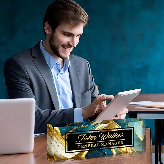 Personalized Name Plate for Desk, Custom Acrylic Desk Name Sign, Office Appreciation Gifts for Women Men Coworkers Boss Teacher Employee (Green Gilding)