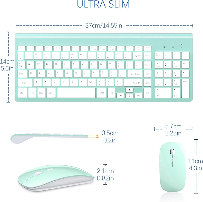 Wireless Keyboard and Mouse Ultra Slim Combo, TopMate 2.4G Silent Compact USB 2400DPI Mouse and Scissor Switch Keyboard Set with Cover, Batteries Included, for PC/Laptop/Windows/Mac - Mint Green