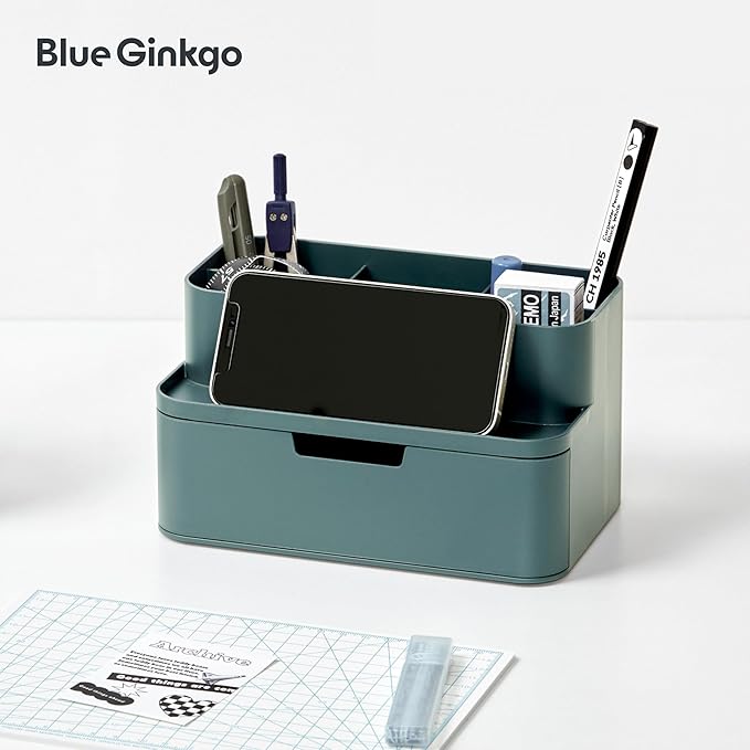 BLUE GINKGO Compact Desk Organizer – Small 5-Compartment, Half Drawer Storage – Pen Holder, Stationery Organizer for Desktop, Vanity, Shelf (Made in Korea, Green)