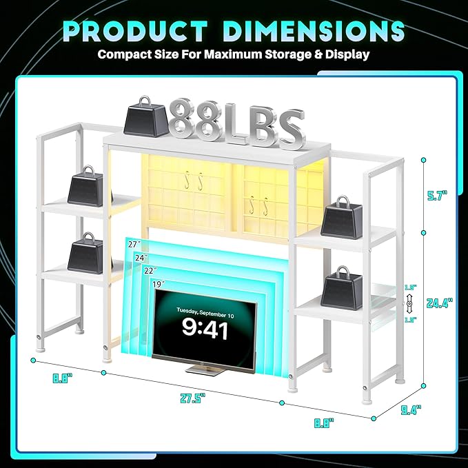 REIBII Desk Shelf with LED Light Strip,Adjustable 45.1" Desk Hutch Dorm with 5 Tier Display Shelf Rack,Desktop Bookshelf with Grid Panel & Hooks for Home, Office and Dorm, White