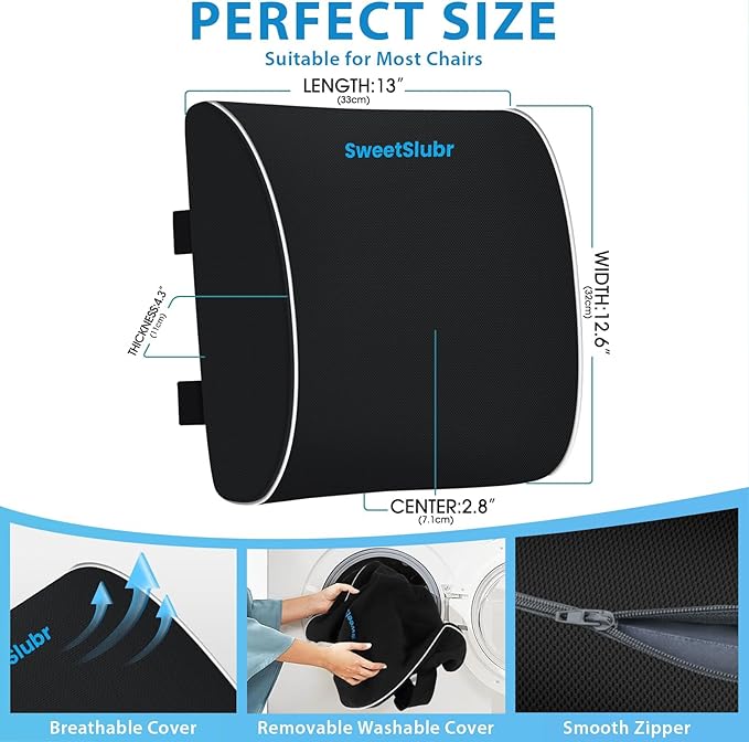 Large Lumbar Support Pillow for Office Chair, Car Seats and Home Desks, Ergonomic Back Support with Double Adjustable Straps, Machine Washable Cover, Black