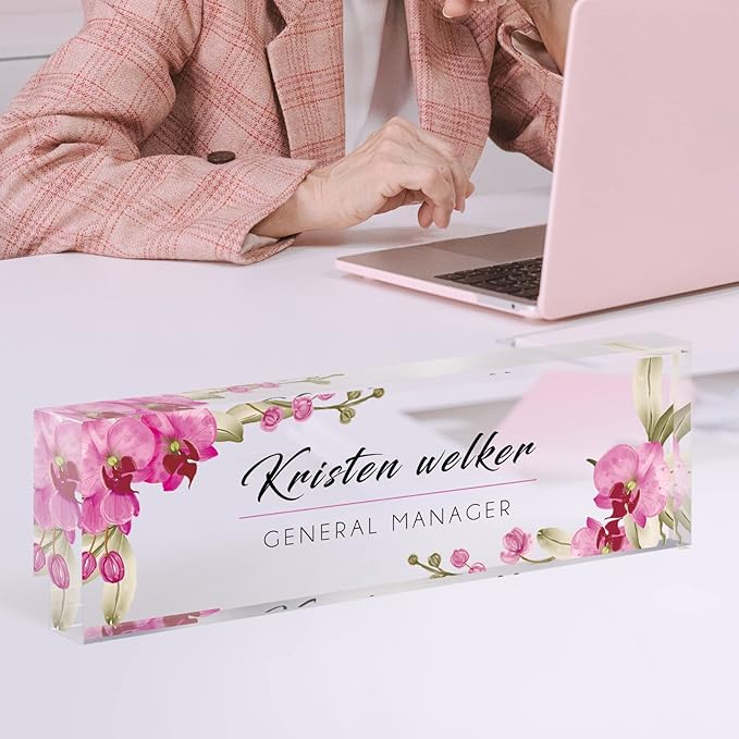 Desk Name Plate Personalized, Custom Name Plates for Desks, Office Desk Decor, Orchids Style Clear Acrylic Glass Block, Personalized Office Gifts for Women Men Boss Teachers Coworker Appreciation Gift