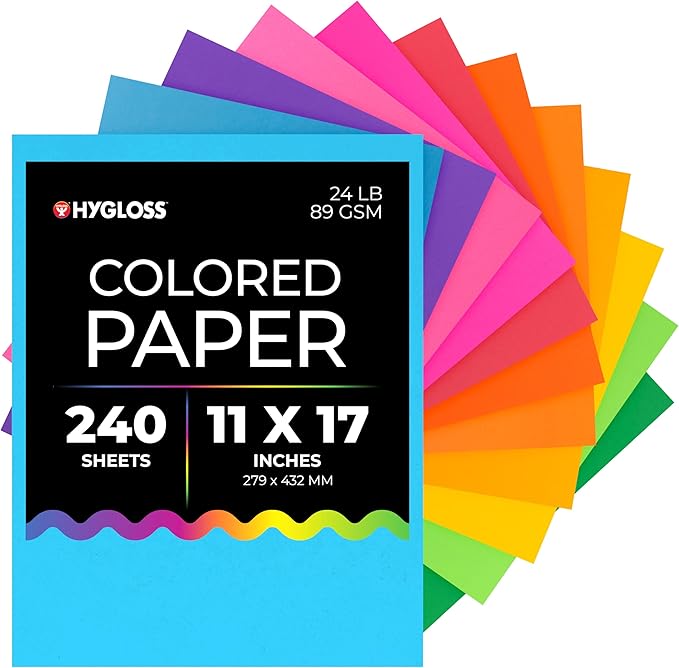 Hygloss Assorted Bright Colored Paper - 24 lb, 89 GSM, Acid-Free, Fade-Resistant, 11x17-Inch Ledger Size Color Copy Paper, 240 Sheets, 12 Colors