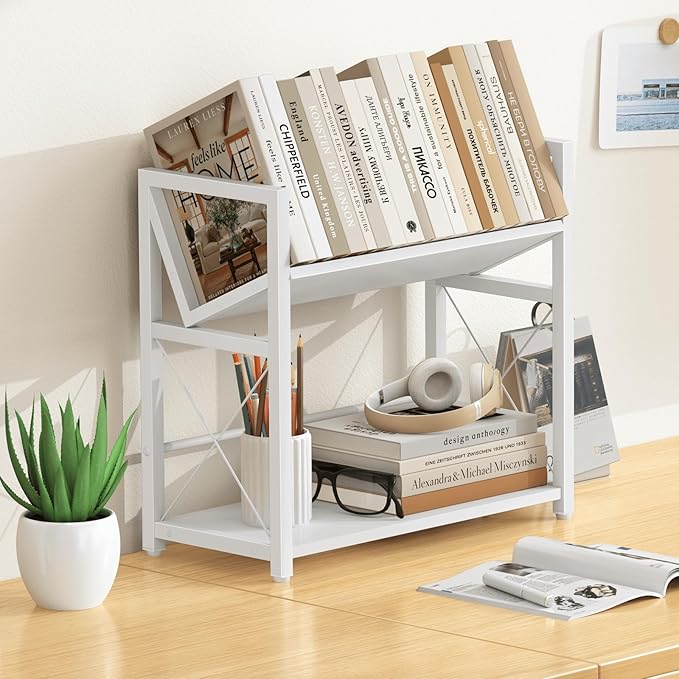 ELITEROO Desktop Bookshelf Organizer, 2 Tier Wood Desk Shelf for Tabletop Storage, Small Book Rack for Office, Home, or Study, Mini Bookcase for Book Display, Decor, and Supplies, White