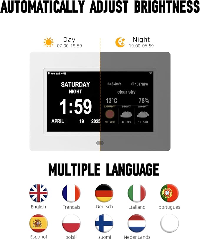 Digital Alarm Clock, Multiple Alarm Functions, Clock with Date and Week, Digital Alarm and Electronic Calendar for Seniors (White, 7inch WiFi)