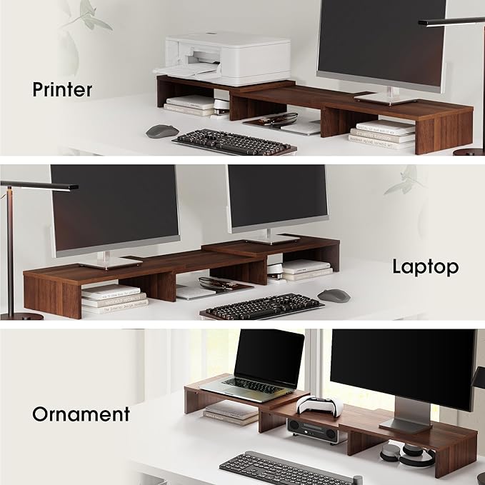 FITUEYES Dual Monitor Stand – 3 Shelf Computer Monitor Riser, Wood Desktop Stand with Adjustable Length and Angle, Desk Accessories, Office Supplies Medium Brown, DT108002WB
