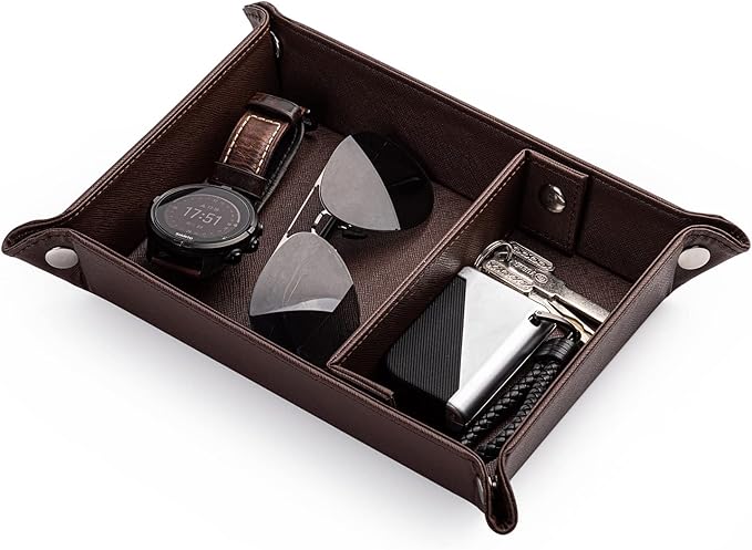 BONNY DODO Valet Tray for Men PU Leather Tray Organizer with Partition, Storage Keys, Watch & Practical Storage for Table Nightstand Living Room Bedroom (Dark Brown)