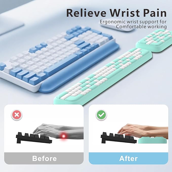 MEKASS Keyboard Wrist Rest, Ergonomic Wrist Pad, Soft Memory Foam Keyboard Hand Rest with Non-Slip Base, Easy Typing, Pain Relief, Comfort Support for Office Work Gaming Accessories (Mint White)