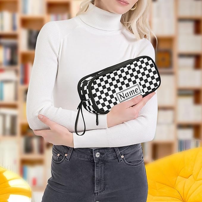 Custom Black White Checkered Pattern Pencil Case Box Boys Girls Personalized Name Large Pencil Pouch Stationery Pen Bag Organizer for Kids Adults School