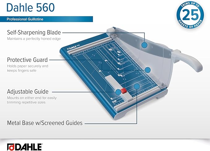 Dahle 560 Professional Guillotine Trimmer, 13" Cut Length, 25 Sheet Capacity, Self-Sharpening, Safety Shield, German Engineered Paper Cutter