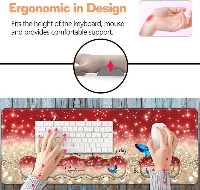 Ergonomic Keyboard Wrist Rest & Mouse Pad Wrist Rest Set,Large XXL Gaming Desk Mat 31.5"x 11.8",Non-Slip Base, Memory Foam,Easy Typing Pain Relief for Office & Home,Red Glitter Quote Live Laugh Love