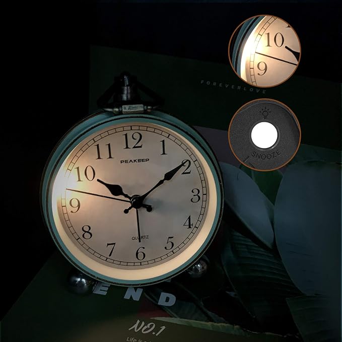 Peakeep 4" Small Battery Operated Antique Retro Analog Alarm Clock for Room Decor, Silent Elegant Bedside Desk Table Gift Clock