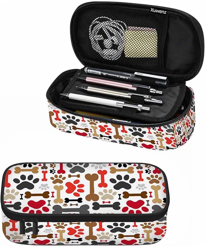 Dog Paws Pencil Case Brown Red Bones Animal Funny Pet Pencil Bag Pouch Box Organizer for College School Students Boy Girl
