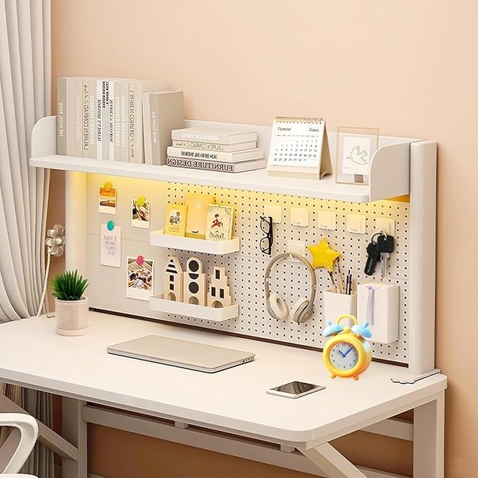 Clamp On Desk Shelf Desktop Hutch Bookshelf Desk Organizer Storage Shelves with Pegboard DIY Display Stand Adjustable Space-Saving Suitable for Dormitories,Studies,Offices,Workbenches