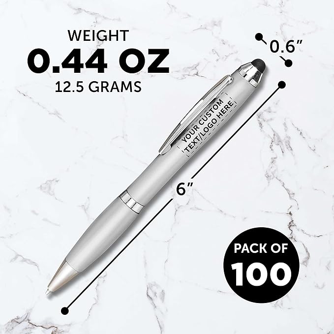 DISCOUNT PROMOS Custom Plastic Stylus Pens Set of 100, Personalized Bulk Pack - Black Ink, Great for Office, School, Business, Tradeshows, Events - Silver