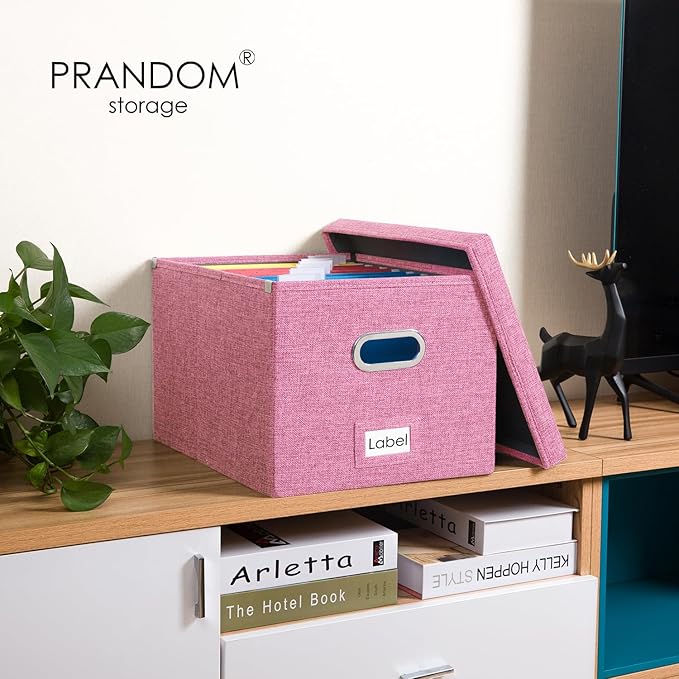 PRANDOM File Organizer Box - Set of 2 Collapsible Decorative Linen Filing Storage Hanging File Folders with Lids Office Cabinet Letter/Legal Size Pink (17x14x11.2 inch)